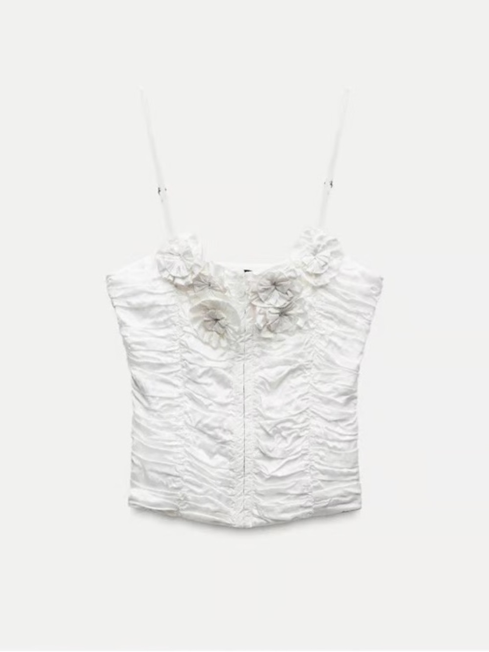Zara White Floral Appliqué Ruched Spaghetti Strap Top